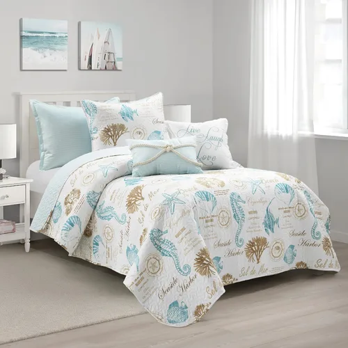Lush Decor Harbor Life - Juego de edredón reversible, juego de 5 piezas, tamaño individual/individual XL, azul y gris topo, juego de ropa de cama