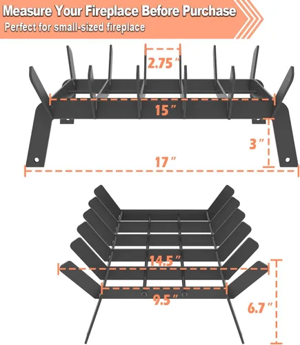 Miniatura 6 de Rejilla de chimenea resistente de 17 pulgadas, soporte pequeño de leña con 6 barras de soporte para accesorios de chimenea de interior y exterior