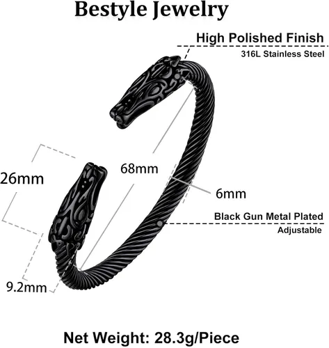 Miniatura 7 de Bestyle Brazalete vikingo de acero inoxidable pesado para hombres y niños, pulsera ajustable abierta de cuervoloboruna, vintage, retro, joyería