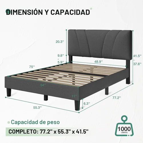 Miniatura 2 de Novilla Base de cama tamaño matrimonial con plataforma tapizada de tamaño completo con cabecera ajustable, fuerte capacidad de peso, no necesita Gris