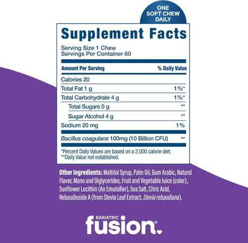 Miniatura 4 de Bariatric Fusion Masticables blandos probióticos Vitamina bariátrica masticable con sabor a uva 10 mil millones de UFC Bacillus coagulans