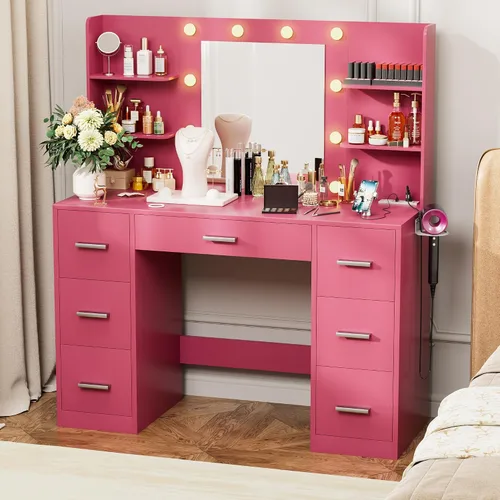 Miniatura 8 de VICTONE Escritorio de tocador con espejo iluminado LED y toma de corriente, 3 modelos de luces, mesa de tocador de maquillaje con 7 cajones y 6