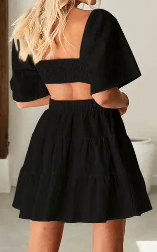 Miniatura 2 de Vestidos de verano para mujer, cuello cuadrado, casual, manga corta, cruzado, cintura elástica, mini vestido de fiesta