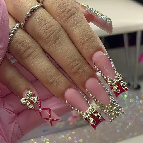 Miniatura 8 de MISUD Uñas a presión – Uñas cuadradas largas con pegamento rosa y negro, acrílico Y2K diseño de dijes de 24 piezas