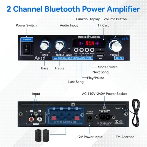 Miniatura 3 de Receptores de amplificador de audio para el hogar 200 W Bluetooth 5.0 RMS 30 W x 2 AK35 Receptor estéreo para altavoces Amplificador de potencia