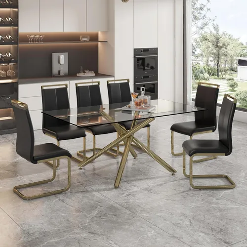 Miniatura 7 de Juego de 6 mesas de comedor de cristal, moderno juego de mesa de comedor de 71 pulgadas con 6 sillas de comedor tapizadas de piel sintética