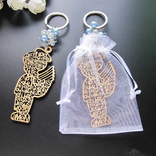 Llavero de madera con diseño de bautizo azul para niño con ángel, recuerdos de bautizo, bautizo, con bolsas de regalo de organza, 12 unidades, 3