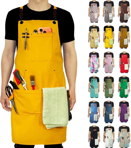 Delantal de cocina, delantal de trabajo, lienzo, múltiples bolsillos, jardinería, pintura, barbacoa, artista, carpintero, tamaños M a XXL, amarillo