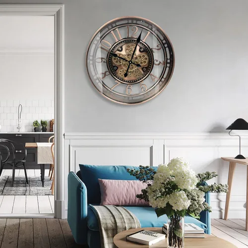 Miniatura 5 de Real Moving Gears - Reloj de pared grande y moderno de metal con engranajes móviles reales para decoración de sala de estar, estilo industrial Cobre