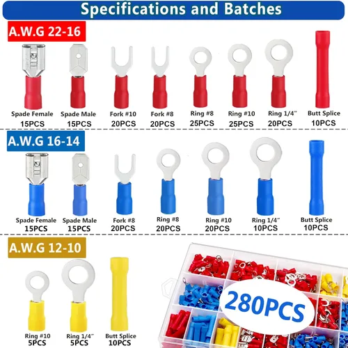 Miniatura 2 de Tnisesm Kit surtido de conectores de crimpado de alambre aislado con anillo, pala, tope, desconexión rápida, terminales de cable automotriz de 280