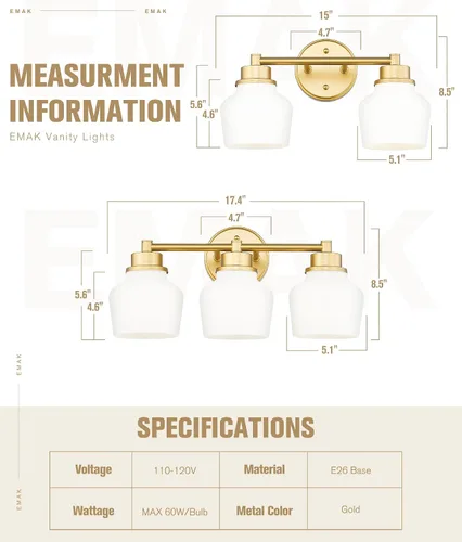 Miniatura 2 de Lámpara de tocador dorada Emak con pantalla de vidrio lechoso, accesorios modernos de iluminación de baño sobre espejo, 3 luces de tocador de baño