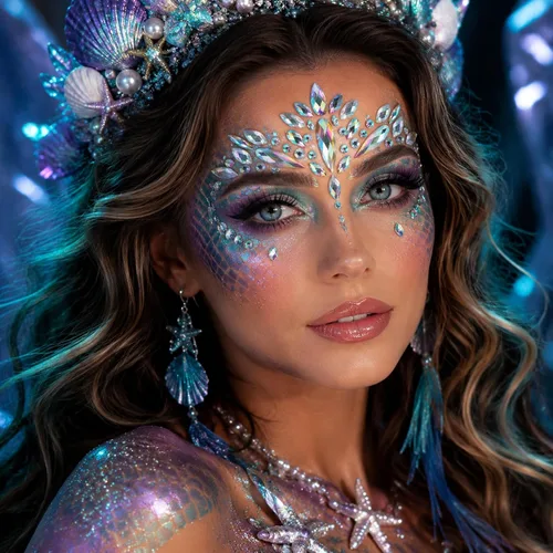 Miniatura 4 de 6 juegos de joyas de cara de sirena con diamantes de imitación para pegar en Halloween, cosplay, fiesta, carnaval, festival, cristales, tatuajes