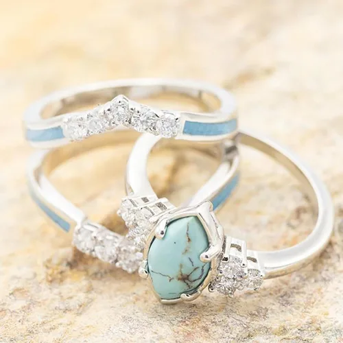 Miniatura 6 de Anillos de diamantes turquesa de 3 piezas para mujer de plata de ley natural anillos de joyería simples de moda