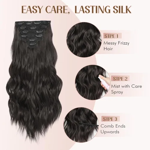 Miniatura 7 de Extensiones de cabello con clip para mujer, negro natural con reflejos marrones, 20 pulgadas, 6 piezas, extensiones de cabello largo, ondulado