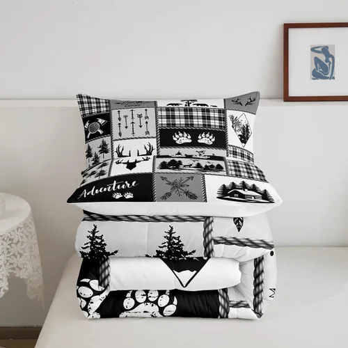 Miniatura 196 de Juego de edredón de cuernos de ciervo tamaño individual, juego de ropa de cama rústica de granja con huellas de oso y pinos para decoración