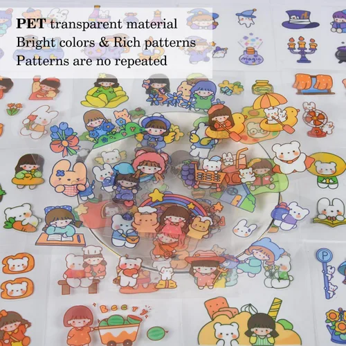 Miniatura 3 de Adhesivos de osos de dibujos animados kawaii lindos - 100 hojas, conejo transparente, suministros de PET para diario, calcomanías para calendario