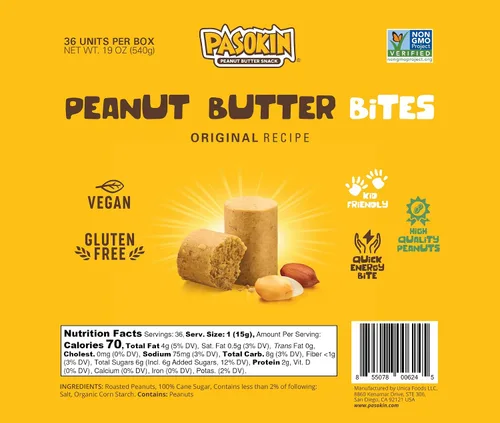 Miniatura 3 de PASOKIN Snack natural de mantequilla de maní Bocadillos de PB crujientes y cremosos Sin gluten, proteína vegana Pacoca fabricada en Estados