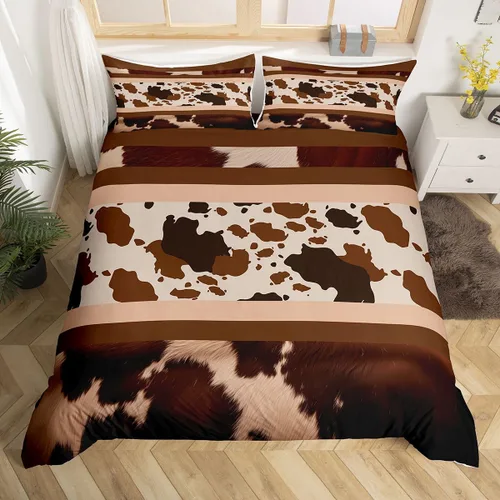 Miniatura 27 de Erosebridal Funda de edredón de piel de vaca marrón con estampado de vaca de las tierras altas, juego de ropa de cama occidental exótico azteca