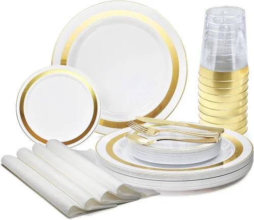 Miniatura 7 de Occasions" - Juego de 125 piezas (25 invitados) - Platos y cubiertos de plástico para boda, vajilla pesada desechable de 10.5 pulgadas, 6.25