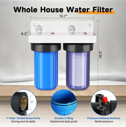 Miniatura 5 de PUREPLUS Sistema de filtración de agua de 2 etapas para toda la casa, carcasa transparente universal de 10 pulgadas, reduce los sedimentos
