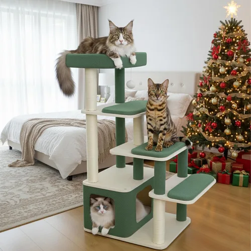 Miniatura 8 de Moderno árbol de madera para gatos grandes – Condominio de madera para gatos de 43.5 pulgadas con postes rascadores de sisal, cojines lavables, gran