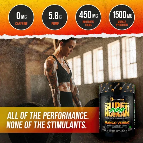 Miniatura 3 de ALPHA LION Superhuman Pump Polvo para antes de entrenar, suplemento preentrenamiento sin cafeína ni estimulantes, potenciador de óxido nítrico