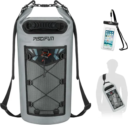 Piscifun Bolsa seca, mochila flotante impermeable 10L/20L/30L/40L con funda impermeable para teléfono para navegación, kayak, pesca Gris