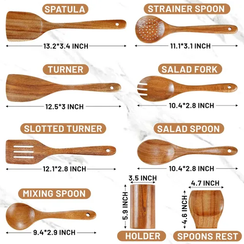 Miniatura 2 de Pleafind Juego de utensilios de madera de teca natural, 9 piezas, cucharas de madera para cocinar, juego de utensilios de cocina de madera
