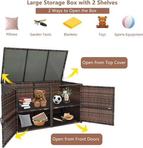 Miniatura 3 de Henf Caja de almacenamiento de mimbre para exteriores, caja de mimbre para patio con puertas dobles y estante, organizador de almacenamiento
