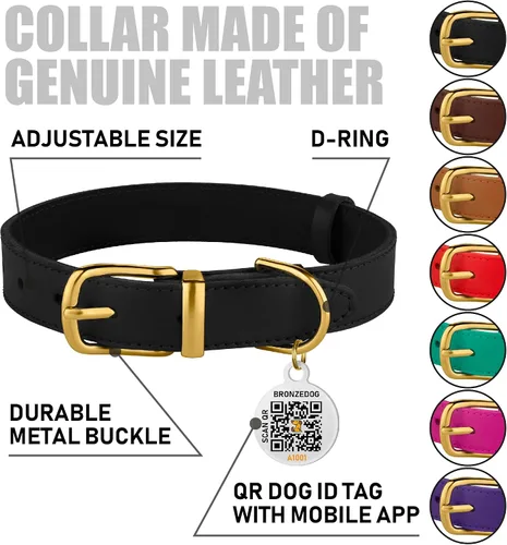 Miniatura 2 de BRONZEDOG Collar de cuero para perro con etiqueta de identificación QR, collares básicos para mascotas pequeños mini, gatos, cachorros