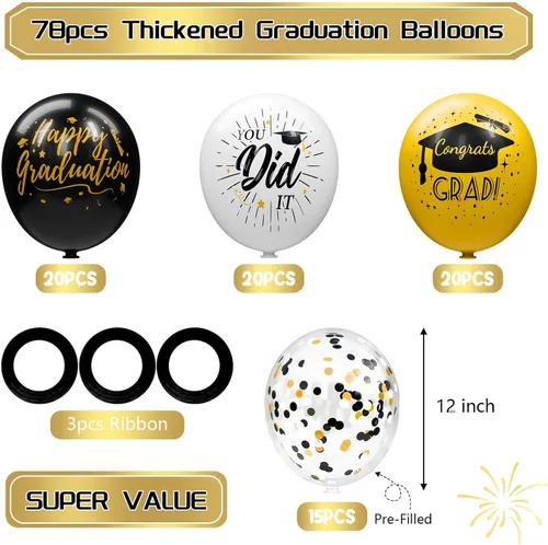 Miniatura 3 de Paquete de 78 globos de graduación 2026, decoraciones de graduación, globos de graduación de 12 pulgadas de oro negro con cintas para decoraciones
