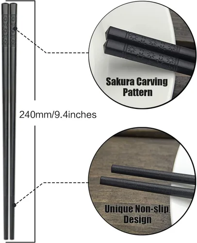 Miniatura 3 de YFWOOD 5 pares de palillos, palillos reutilizables aptos para lavavajillas, antideslizantes, de 9.4 pulgadas - Negro