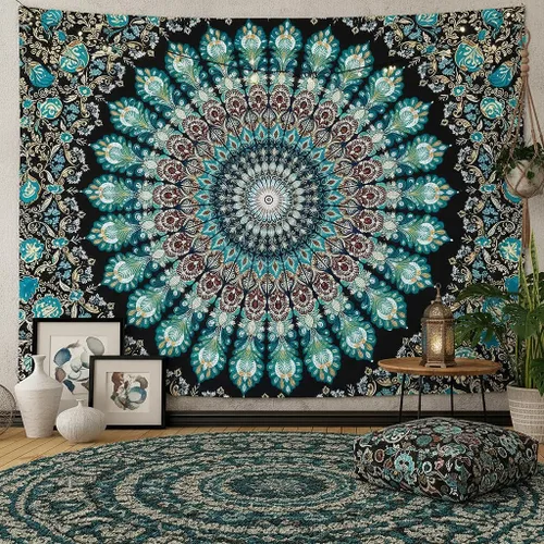 Miniatura 17 de Accnicc Tapiz bohemio con mandala floral para dormitorio, tapiz de pared con flores bohemias, pequeño, acuarela, azul, blanco, hippie, indio