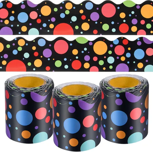Borde para tablón de anuncios de 99 pies, 3 rollos de puntos coloridos bordes festoneados, recortes, tarjeta de aula, tablero de anuncios, borde