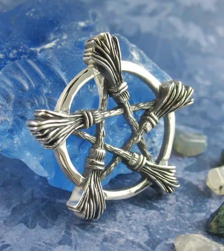 Miniatura 3 de Woot & Hammy Five Witch's Brooms or Besoms Pentacle Pendant, 100% Sterling Silver, Handmade