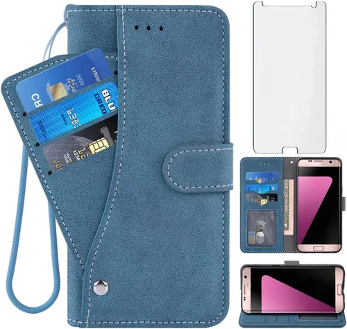 Asuwish Compatible con Samsung Galaxy S7 - Funda tipo cartera y protector de pantalla de vidrio templado, soporte para tarjeta de crédito, soporte