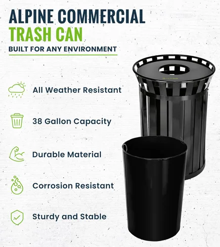 Miniatura 2 de Alpine Bote de basura comercial al aire libre de 38 galones, con tapa y forro de acero resistente a todo tipo de clima, resistente a la intemperie