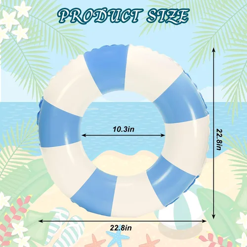 Miniatura 2 de Whaline Flotador inflable de natación de 4 piezas, anillo de natación a rayas, divertido estampado para piscina, tumbona, tubo para verano, Azul