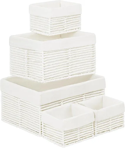 Miniatura 15 de Vagusicc Cesta de almacenamiento de mimbre, cesta de cuerda de papel tejida a mano, cesta rectangular pequeña para organizar, contenedor de Beige