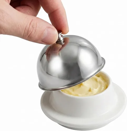 Tofficu Mantequillera de cerámica con tapa, recipiente de mantequilla de cúpula de acero inoxidable para encimera, postre, cupcake, pastel de crema,