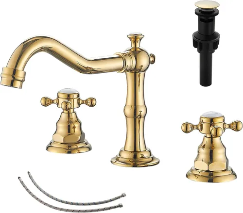 Miniatura 22 de Grifo de 2 manijas para lavabo de baño de tres agujeros, grifo de lavabo extendido, latón antiguo, grifo mezclador con manguera de suministro