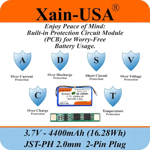 Miniatura 6 de Paquete de 1 batería de iones de litio de 3.7V 4400mAh con conector JST‑PH de 2 pines para electrónica, luces LED, juguetes, GPS y nodos solares