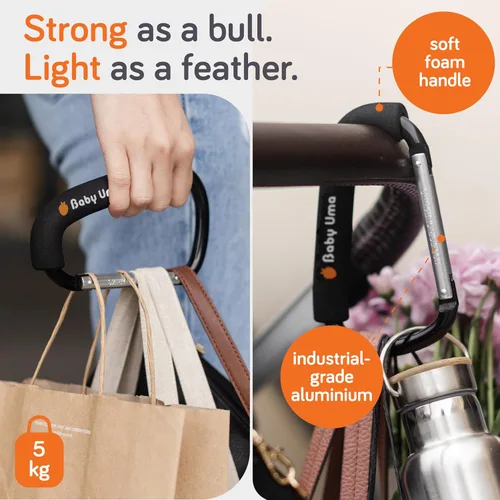 Miniatura 2 de Baby Uma Ganchos XL para Cochecito para Bolsas (Paquete de 2) – Clips y Ganchos Universales para Cochecito con Mango de Espuma, Capacidad