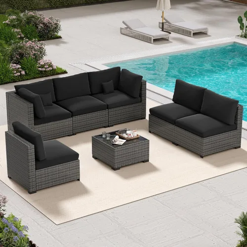 Miniatura 15 de LHBcraft Juego de muebles de patio de 7 piezas, seccionales para exteriores, tejido manual para todo tipo de clima, sofá seccional de mimbre de Ye-bk