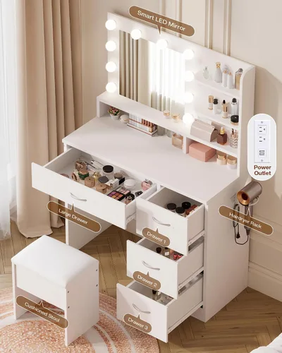 Miniatura 6 de LIVELYGLOW Tocador de maquillaje blanco con espejo HD y 10 bombillas LED, tocador de 34.3 pulgadas con estación de carga, 4 cajones, estante