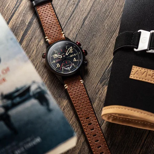 Miniatura 2 de AVI-8 Mens 43mm Hawker Hunter Duke Chronograph Japanese Meca-Quartz Pilot Watch with Leather Strap AV-4080