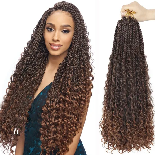 Miniatura 65 de Goddess Box Braids - Trenzas de cabello a ganchillo con extremos rizados, trenzas de caja bohemianas de 16 pulgadas, trenzas de ganchillo, 8 1B-4-30