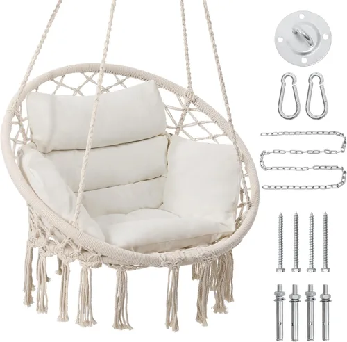 KROFEM Hamaca Colgante de Macramé Mecedora con Cojín Mediano, Perfecta para Dormitorio, Porche, Adultos, Balcón, Beige Ordinario-beige