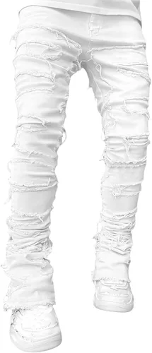 Mxiqqpltky Jeans apilados para hombre, ajustados, rectos, negros, rasgados, ajustados, desgastados, pantalones de mezclilla destruidos, ropa de calle