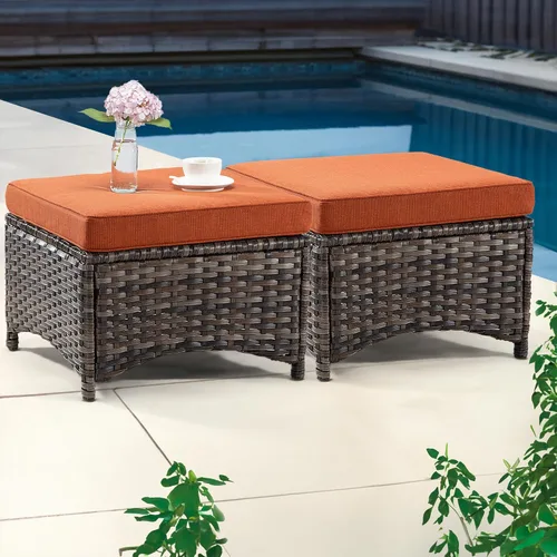 Miniatura 6 de Juego de 2 otomanos para exteriores para patio, con marco de acero de mimbre de polietileno, reposapiés para exteriores con cojines de olefina Beige